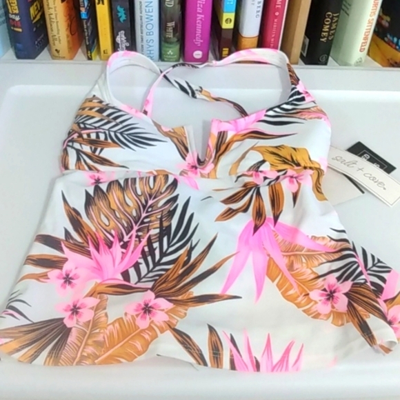 SALT + COVE PINK WHITE SPRING LEAVES STRING TIE PEPLUM SWIM TOP SIZE XS NWT - Picture 3 of 11